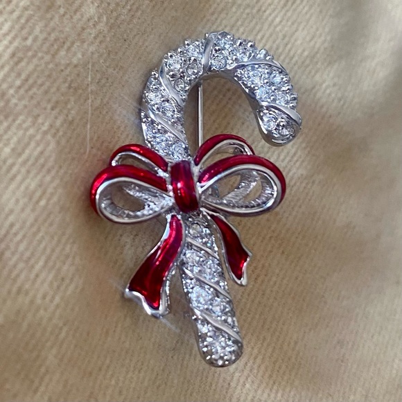 Swarovski Crystal Swan Brooch/ Pin , Signed and Retired New Swarovski Brand Signed Swan Christmas Enamel Crystal Candy Cane Pin Brooch